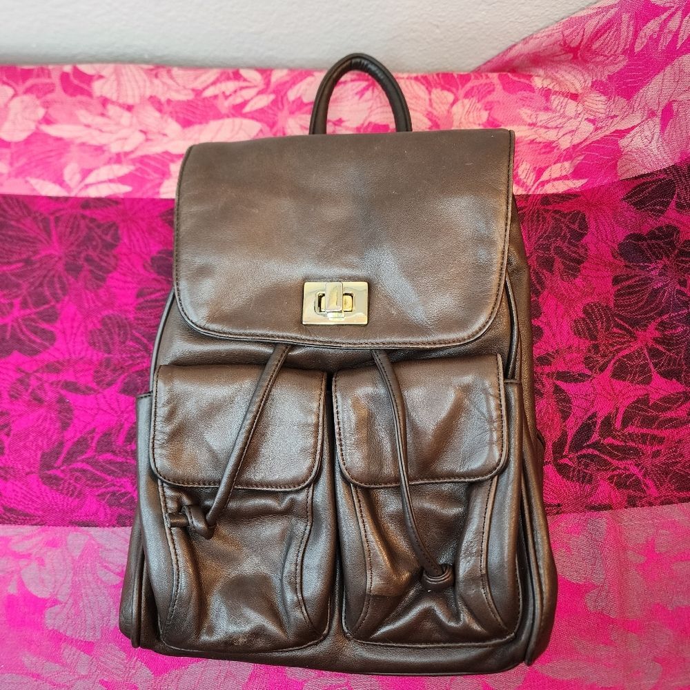 Charter Club Classics Medium Brown Leather Sling Backpack Purse with Drawstring.